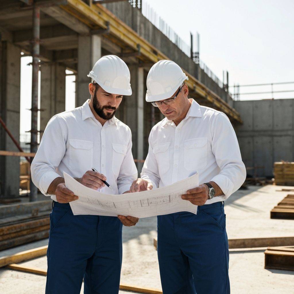 Dos ingenieros con casco revisando construcción
